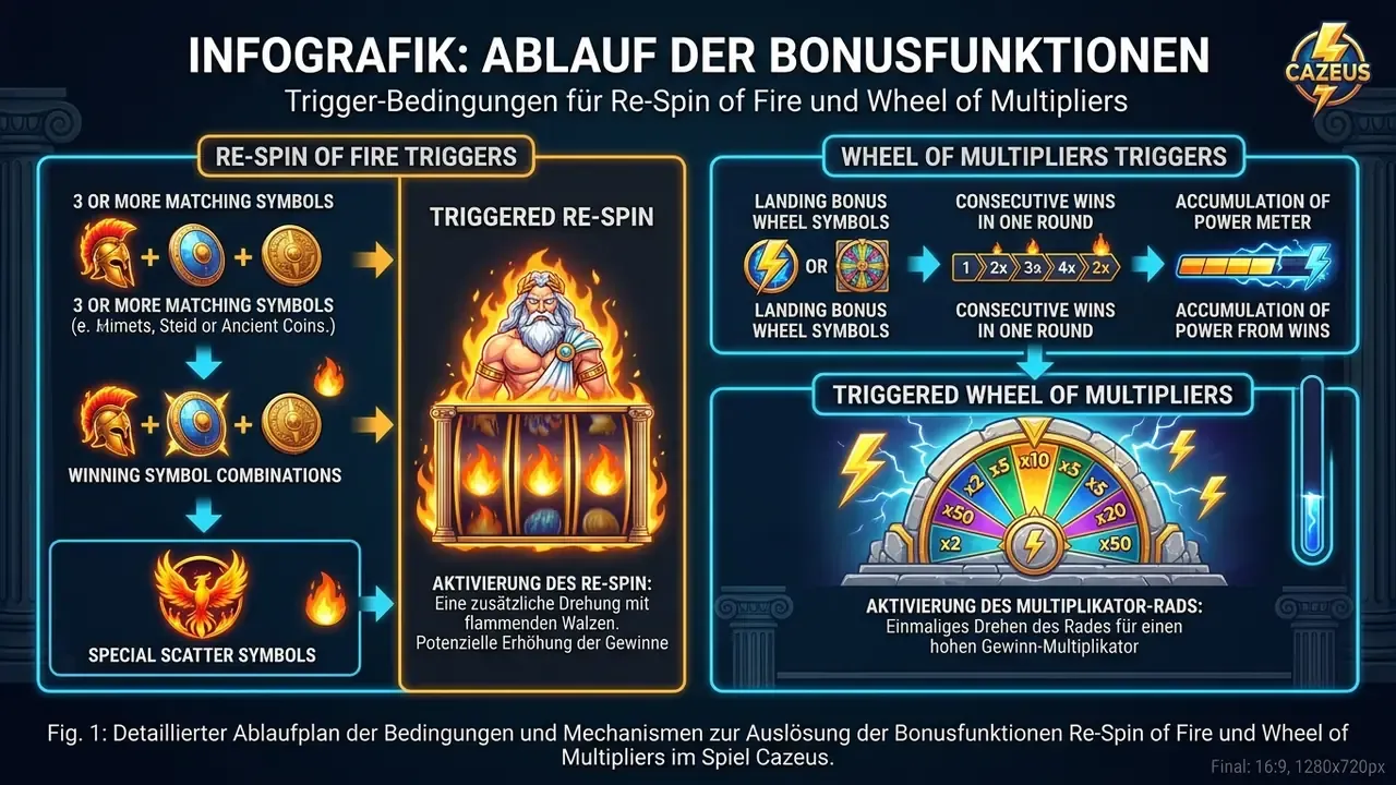 Fire Joker Bonusfunktionen Re-Spin of Fire und Wheel of Multipliers Ablaufdiagramm