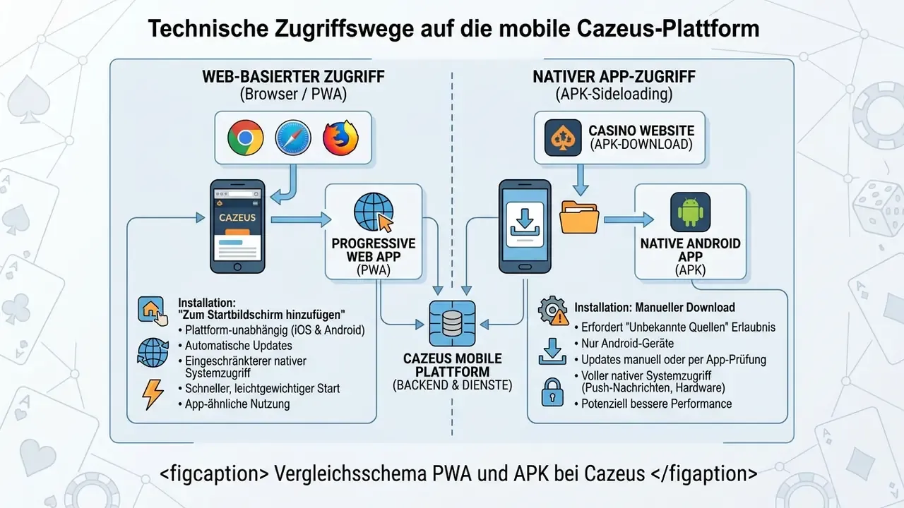 Vergleichsschema PWA und APK bei Cazeus Casino