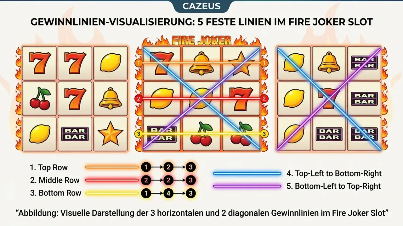 Fire Joker Slot Gewinnlinien und Symbole: drei horizontale und zwei diagonale Linien