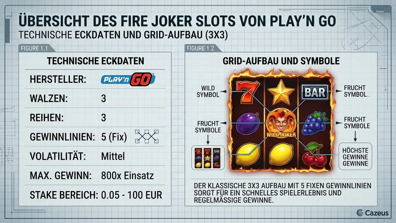 Fire Joker Slot Übersicht Play n GO 3x3 Raster mit 5 Gewinnlinien und Joker-Wild